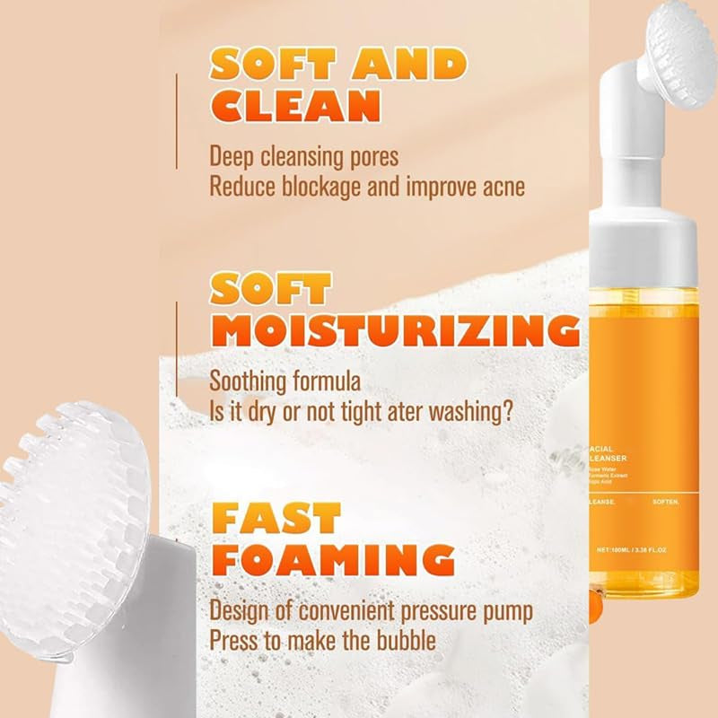2 Pcs Turmeric Foaming Face Wash, Deep Cleaning Scrub Exfoliating Glow Wash Turmeric Facial Cleanser with Brush for All Skin.
